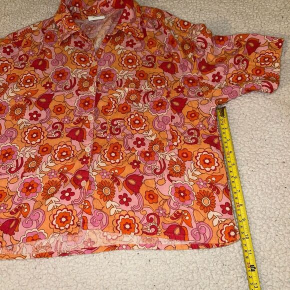 Social Tourist Groovy Retro Floral Pattern Pink Orange Collared Button Shirt Med - Picture 11 of 13